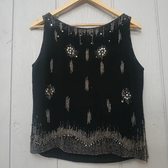 Black beaded embroidered top whimsygoth retro 1920 inspired size L * - Picture 2 of 8